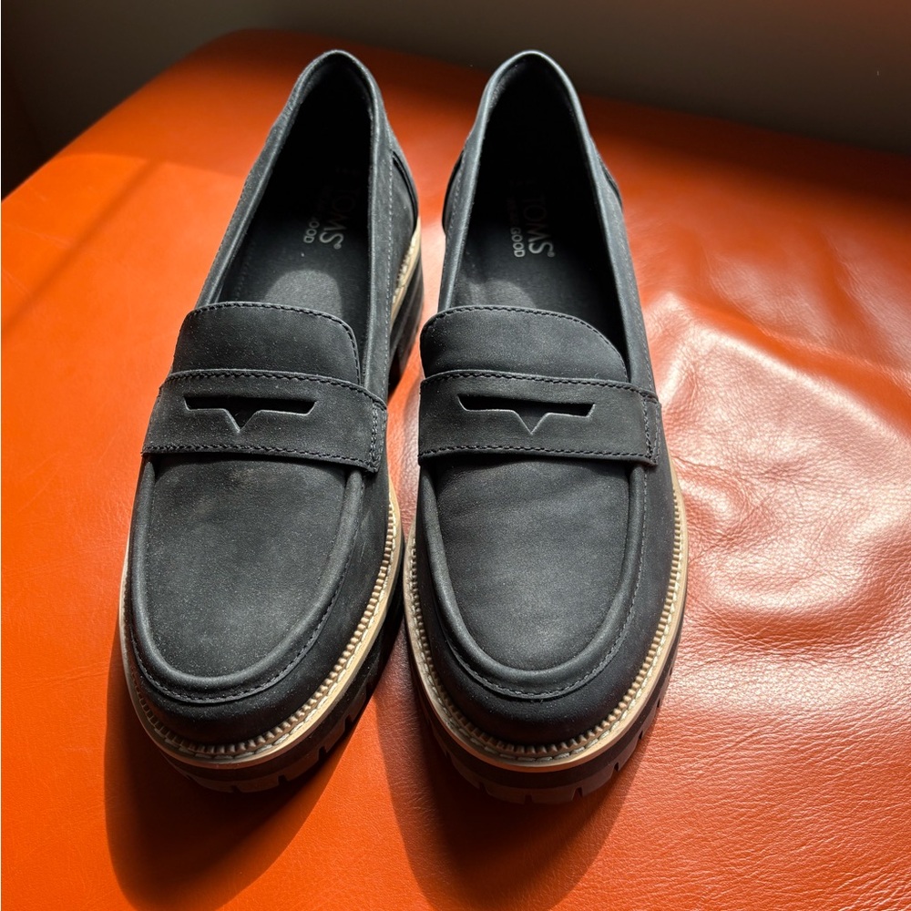 Toms Black Suede Penny Loafers